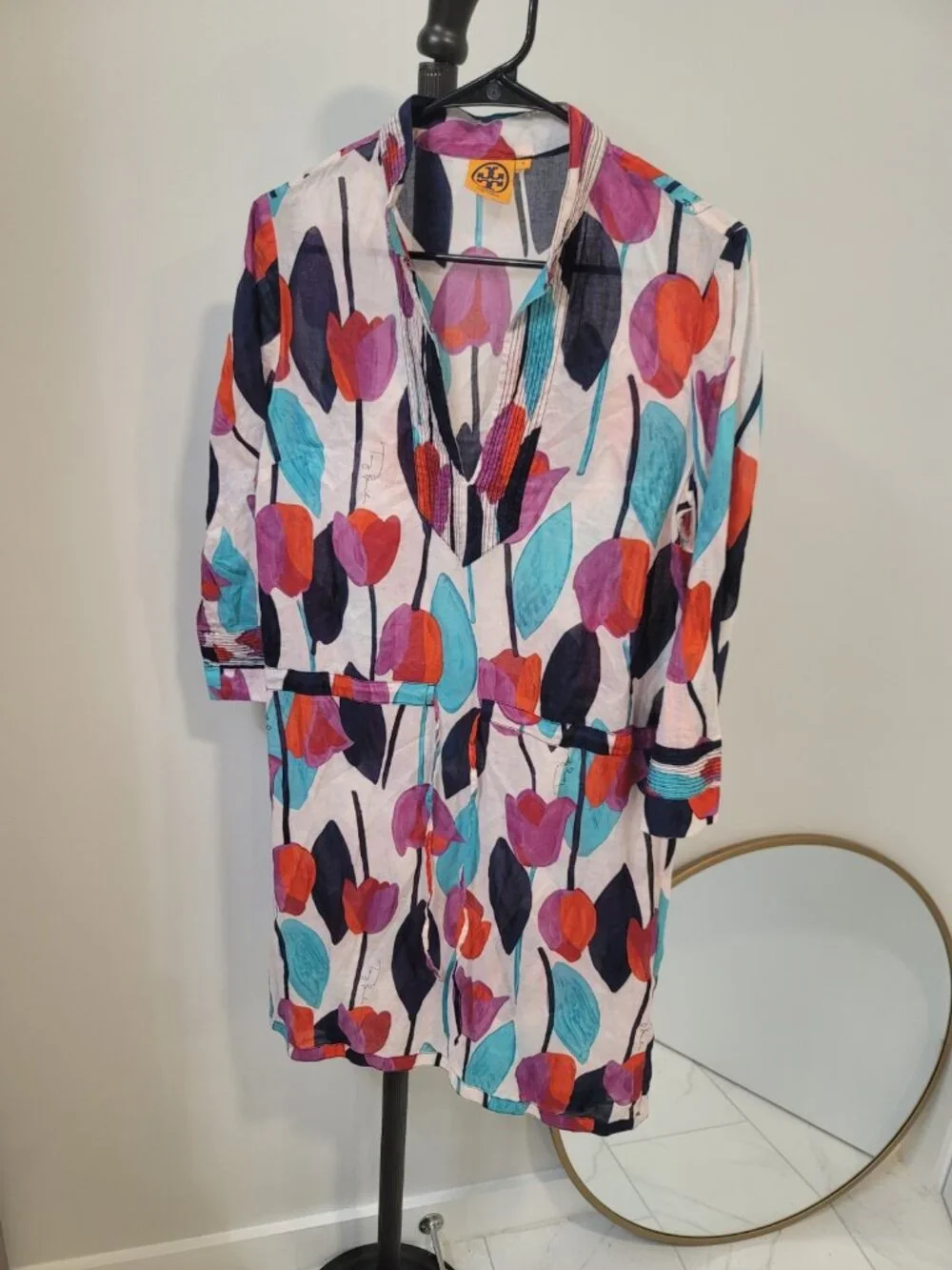 Tory Burch Tulip Floral Daniella 3/4 Sleeve Cotton Dress Size 8 EUC Multicolor